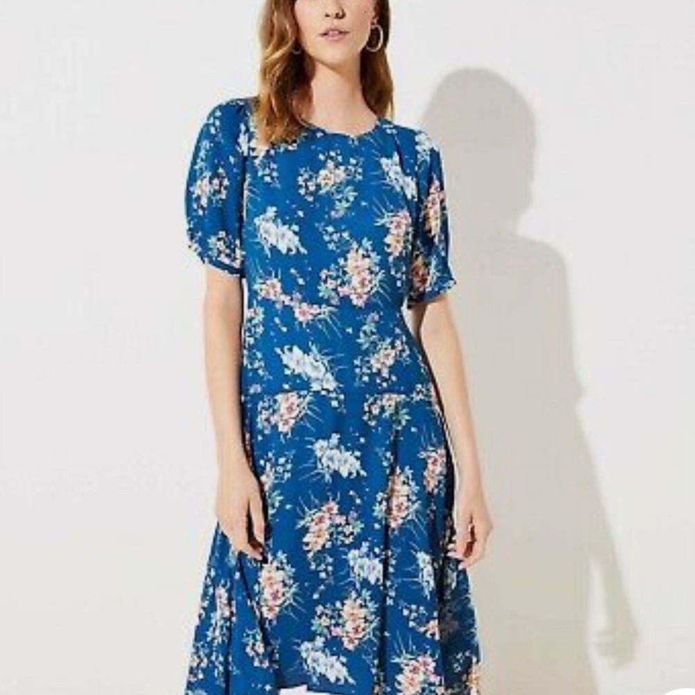 NWT LOFT Floral Puff Sleeve MIDI Dress